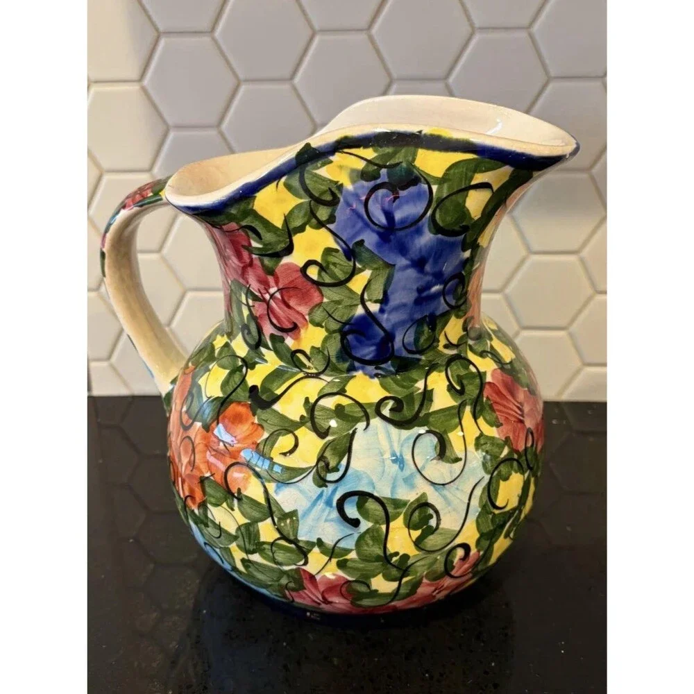 Beautiful Vintage Hand Painted Floral Ceramic Pitcher Vase Mexico Talavera Style